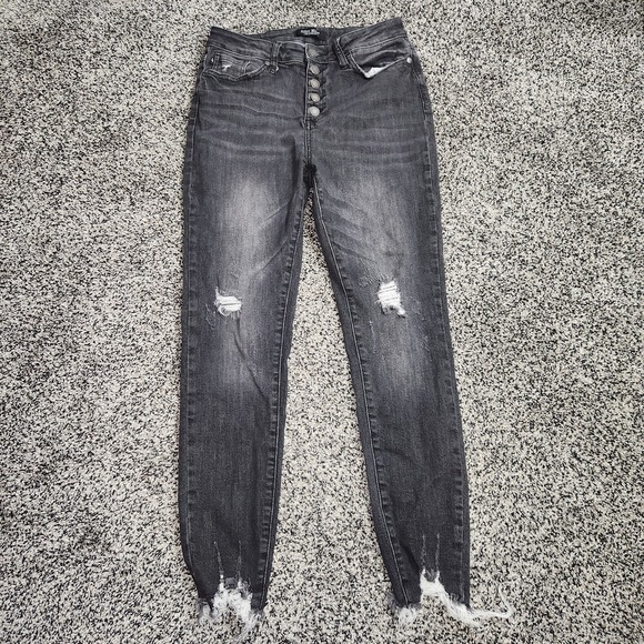 Judy Blue Denim - Judy Blue Button Fly Black Hi Rise Skinny Jeans Rawhem Frayed Destressed Sz 7/28